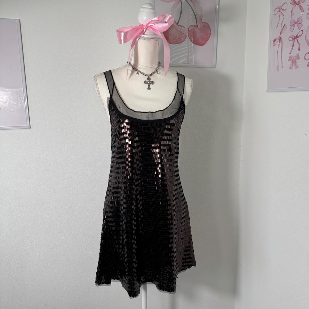 Free People NEW Disco Fever Sequin Mini Slip Dress Black Combo Womens‎ Medium